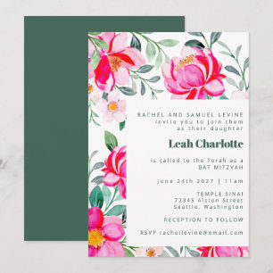 Convite Quente Rosa e Verde Aquarela Bat Floral Mitzvah
