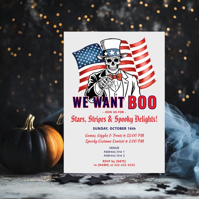 Convite Queremos Boo Patriótico Festa de Figurino de Hallo (Uncle Sam Skeleton - We Want Boo Patriotic Halloween Costume Party Invitation)