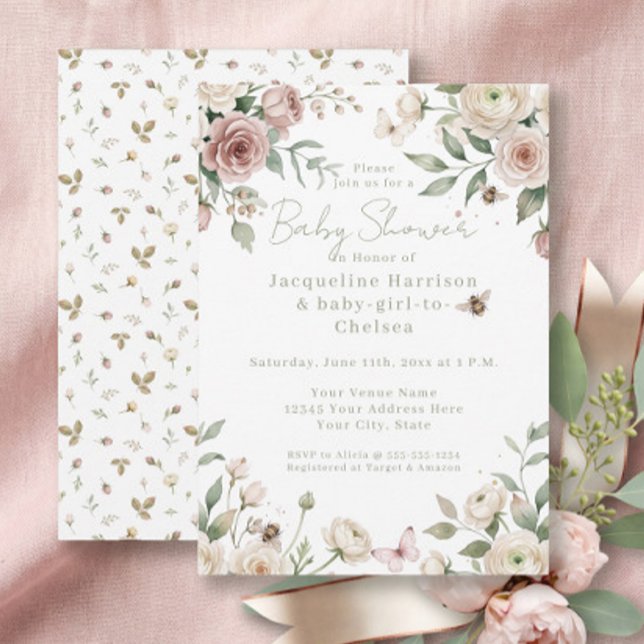 Convite Querida Bebê Menina para Abelha Rosa Floral Rosa e (Criador carregado)