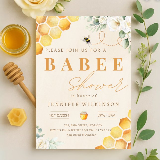 Convite Querida Bee Chá de fraldas Floral Babee (Honey Bee Baby Shower Floral Babee Invitation)