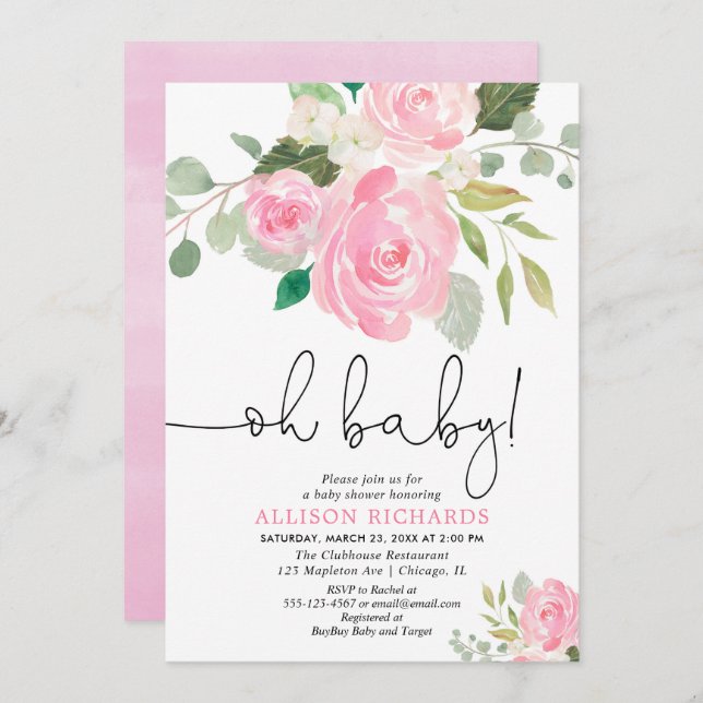 Convite Querida Blush chá de fraldas de aquarelas florais (Frente/Verso)