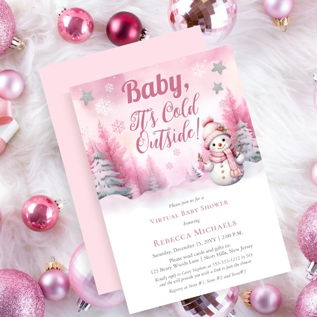 Convite Querida, é frio fora da garota Chá de fraldas virt (Pink Girl "Baby, It's Cold Outside!" Snowflakes and Snowman | woman Virtual Baby Shower Invitation)