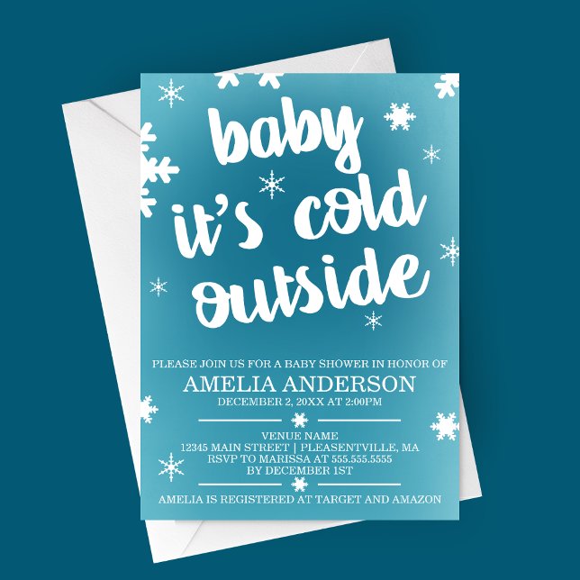 Convite Querida, é frio fora do Chá de fraldas. (Baby It's Cold Outside Winter Baby Shower Invitation with Blue Ombre Background and Snowflakes)