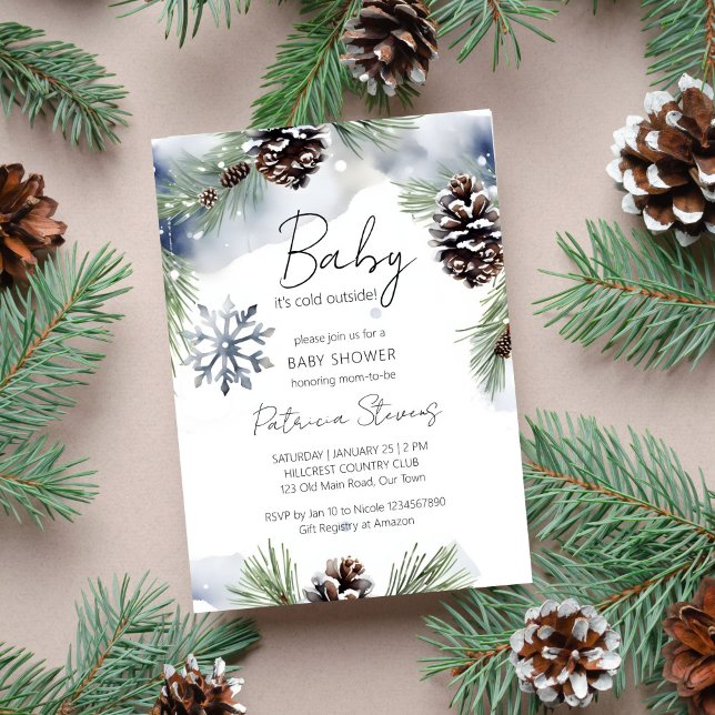 Convite Querida, está frio fora do chá de fraldas de pinhe (Baby it's cold outside watercolor snowy pines baby shower editable template invitation download)