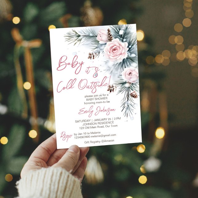 Convite Querida, está frio fora do pastel do chá de fralda (Baby it's cold outside pastel pink roses snowy pinecones pines winter baby shower invitation)