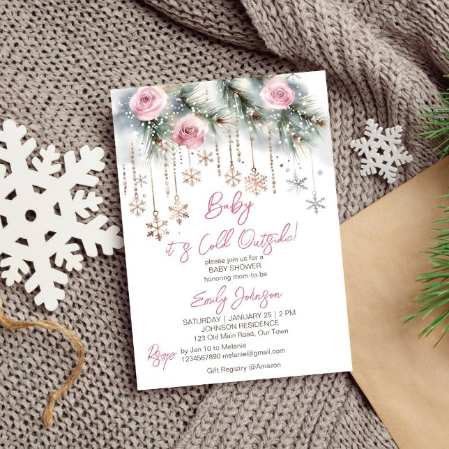 Convite Querida, está frio fora do pastel do chá de fralda (Baby it's cold outside winter baby shower template  invitation pastel pines pink roses snowflakes)