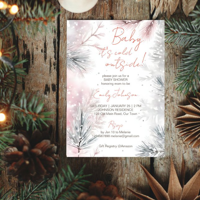 Convite Querida, está frio fora do pastel do chá de fralda (Baby it's cold outside winter baby shower pastel watercolor snowy pines template invitation)
