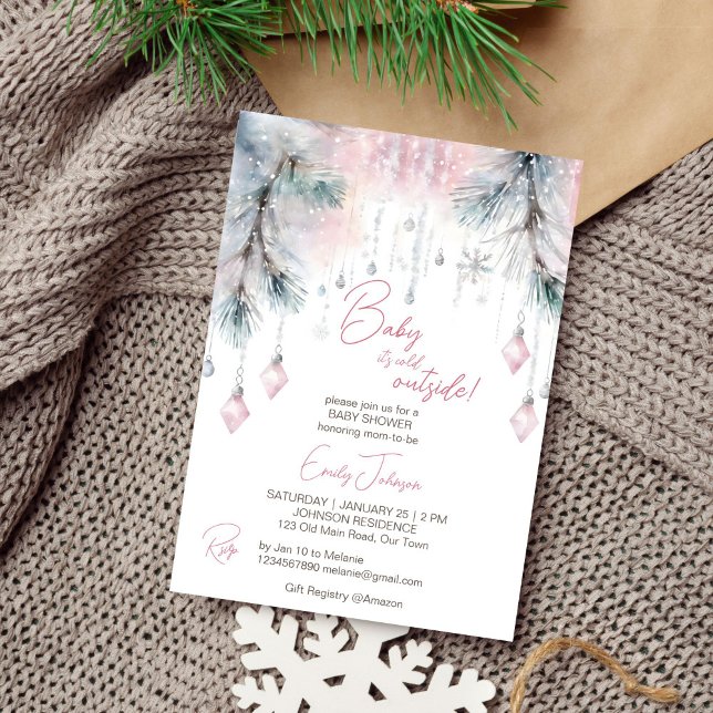 Convite Querida, está frio fora do pastel do chá de fralda (Baby it's cold outside winter baby shower watercolor pastel pink template invitation download)