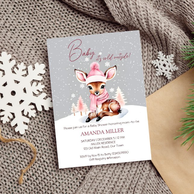 Convite Querida, está frio lá fora, chá de fraldas de vead (Baby it's cold outside winter themed baby shower template invitation digital download cute deer snow)