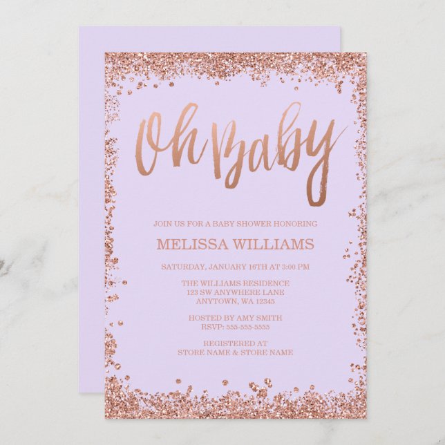 Convite Querida Lilac Faux Rosa Dourado Chá de fraldas Gli (Frente/Verso)