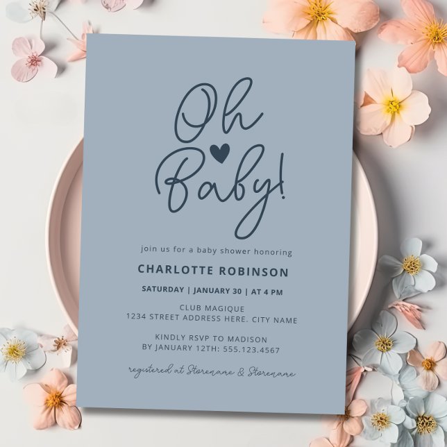 Convite Querida Moderna Simples Chá de fraldas Azul (Oh Baby Modern Simple Dusty Blue Boy Baby Shower Invitation)