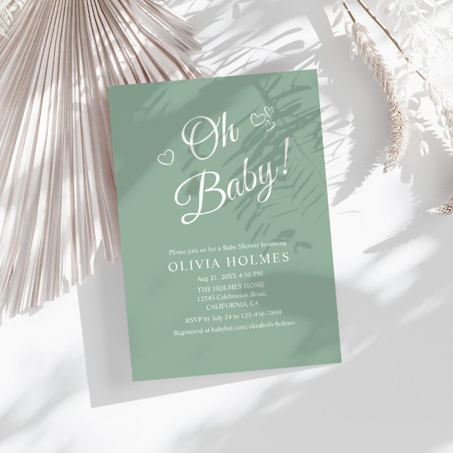 Convite "Querida" Sage Chá de fraldas Moderno e Verde ("Oh Baby" Sage Green Modern Minimalist Baby Shower Invitation on a sunny boho white table.)