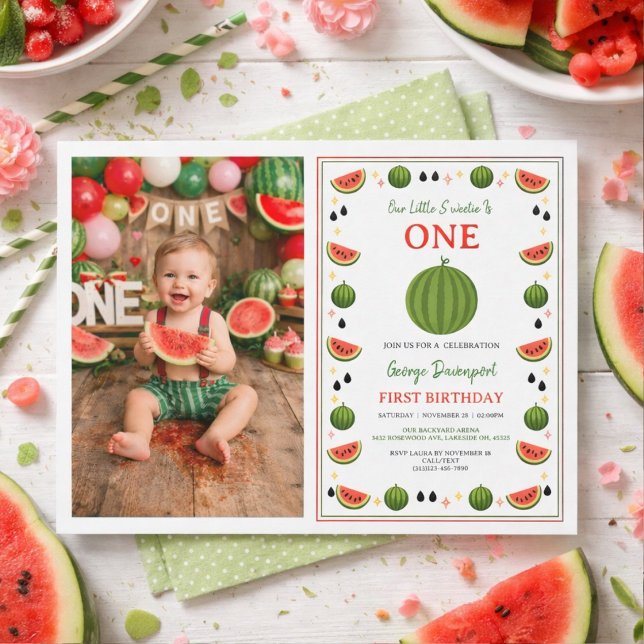 Convite Querido(a) em uma Melancia Aniversário de 1 ano da (Sweet One in a Melon Watermelon 1st Birthday Party Invitation
)