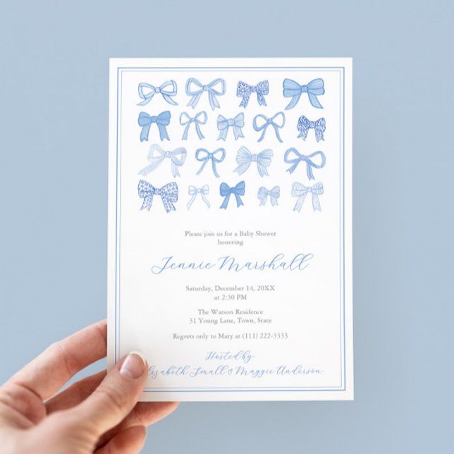 Convite Querido Arco Azul Festa do Chá Baby Boy (Blue And White Whimsical Watercolor Bows baby shower invite for boy with regency stripe backer)