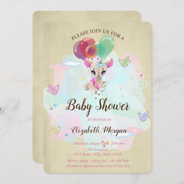 Convite Querido bebê bonito, balões, Chá de fraldas de bor (Frente/Verso)