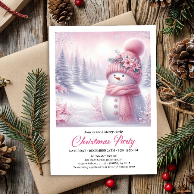 Convite Querido Boneco de Neve Rosa Editável Natal Criança (Precious Pink Snowman Editable Kids Christmas Invite File)
