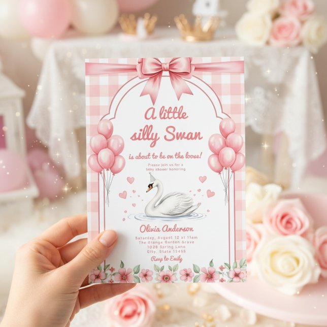 Convite querido Cisne azul Gingham Ribbon floral menina (Criador carregado)