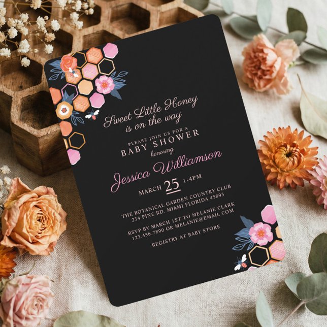 Convite Querido Mel No Caminho | Abelha Floral Negra (Sweet Little Honey Mommy to Bee Baby Shower Invitation)