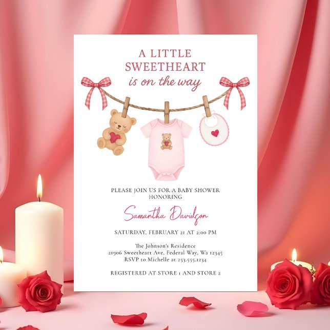 Convite Querido ursinho de pelúcia do Dia dos Namorados Ro (Sweetheart Valentine Teddy Bear Pink Baby Shower Invitation)