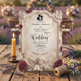 Convite Querubim e Rosa Barroco Ornamentado Casamento Vint