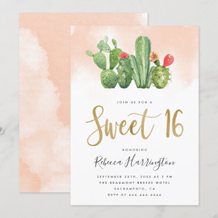 Convite Quic Blush Pink Watercolor & Cactus Sweet 16