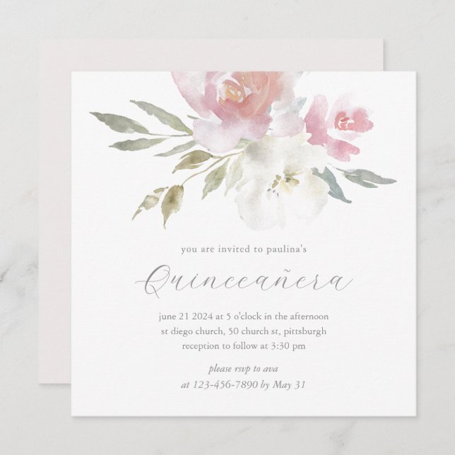 Convite Quic Blush Watercolor Foto Floral Quinceanera (Frente/Verso)