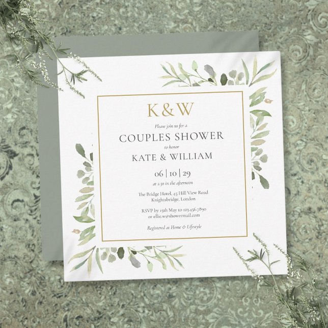 Convite Quic Dourado Monograma Verde Casais Chá Quadrado (Chic Gold Monogram Greenery Couples Shower Square Invitation)