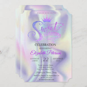 Convite Quic Glitter Tiara Holographic Sweet 17 Aniversári