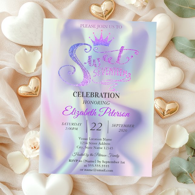 Convite Quic Glitter Tiara Holographic Sweet 17 Aniversári (Criador carregado)