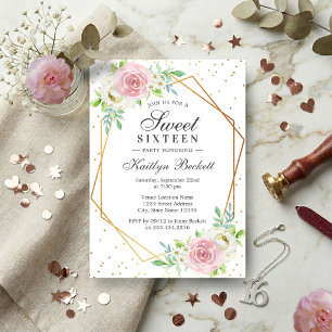 Convite Quic Gold Foil Floral Sweet 16 Aniversário