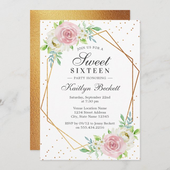 Convite Quic Gold Foil Floral Sweet 16 Aniversário (Frente/Verso)