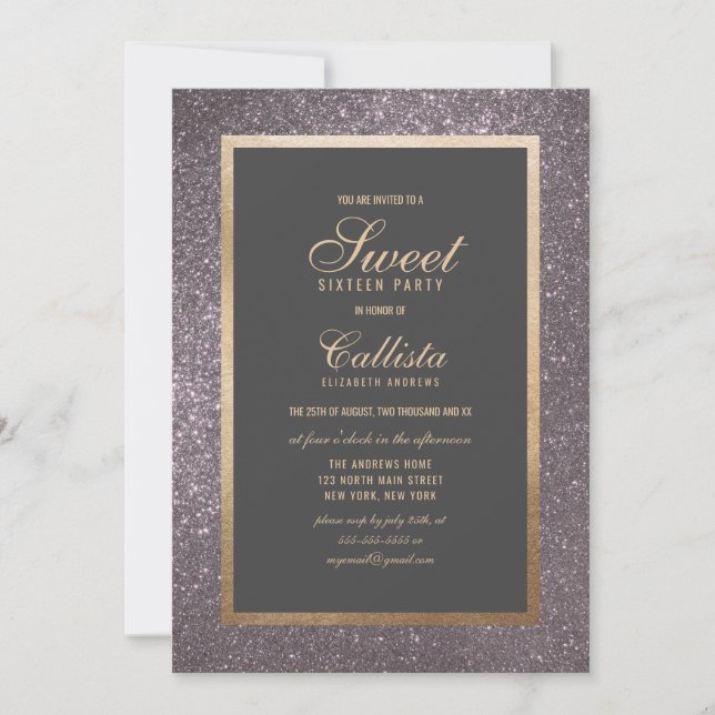 Convite Quic Modern Silver Glitter Thick Border Sweet 16 (Frente)