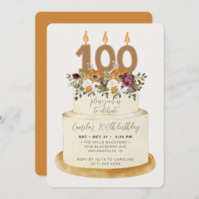 Convite Quic Orange Fall Autumn 100th Birthday Cake (Frente/Verso)