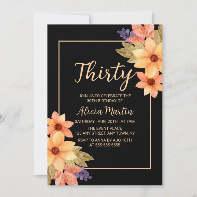 Convite Quic Orange Red Fall Flora Qualquer Idade Negra An (Frente)