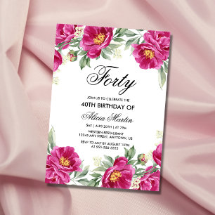 Convite Quic Pink Peony Floral Greenery aniversário de 40 