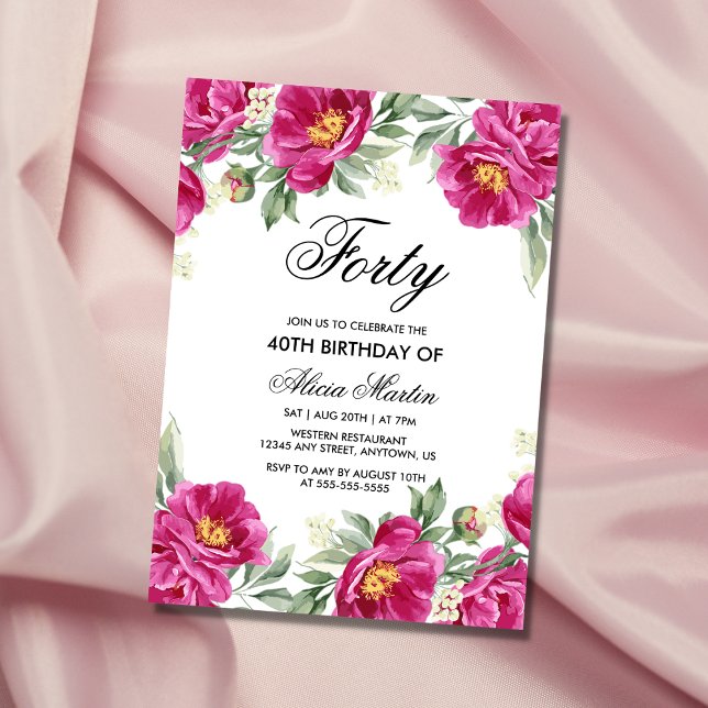 Convite Quic Pink Peony Floral Greenery aniversário de 40  (Criador carregado)