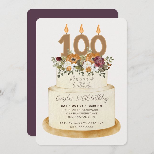 Convite Quic Purple Fall Autumn 100th Birthday Cake (Frente/Verso)