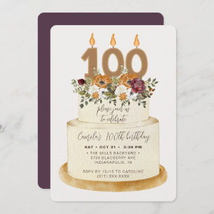 Convite Quic Purple Fall Autumn 100th Birthday Cake