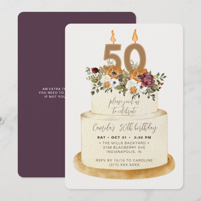 Convite Quic Purple Fall Autumn 50th Birthday Cake (Frente/Verso)