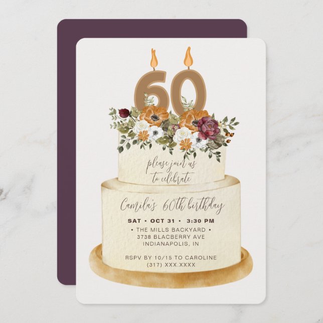 Convite Quic Purple Fall Autumn 60th Birthday Cake (Frente/Verso)