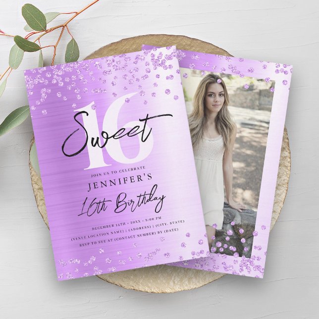 Convite Quic Purple Glitter Foto Sweet 16 Party (Chic Purple Glitter Photo Sweet 16 Party Invitation)