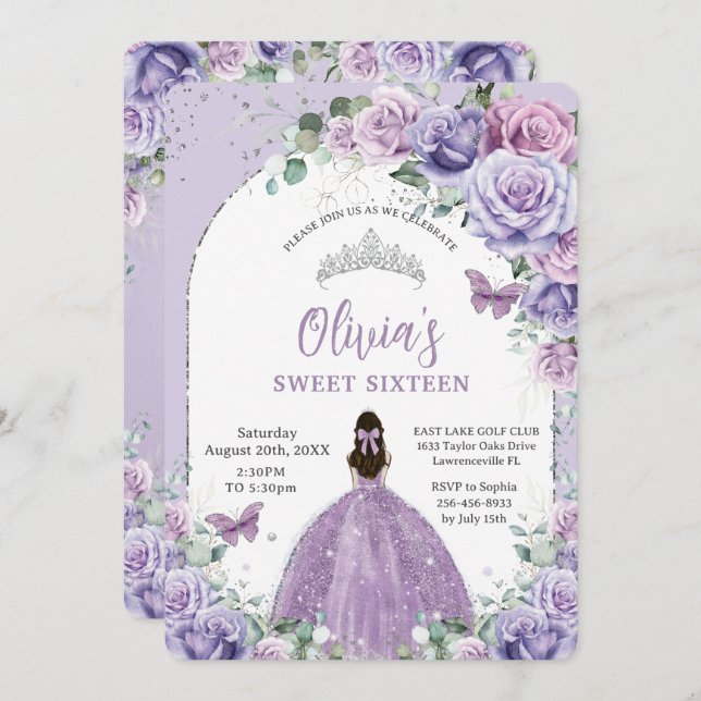 Convite Quic Purple Lilac Floral Sweet 16 Festa de anivers (Frente/Verso)