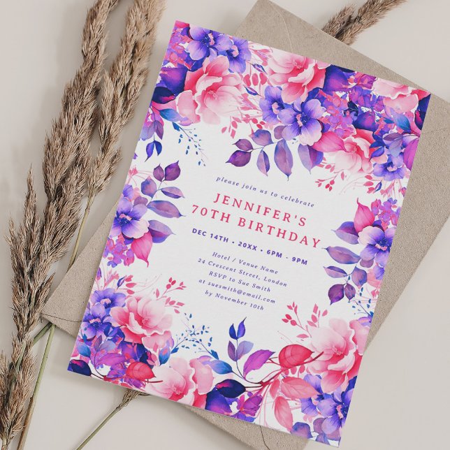 Convite Quic Purple Watercolor Floral 70 Aniversário (Chic Purple Watercolor Floral 70th Birthday Invitation)