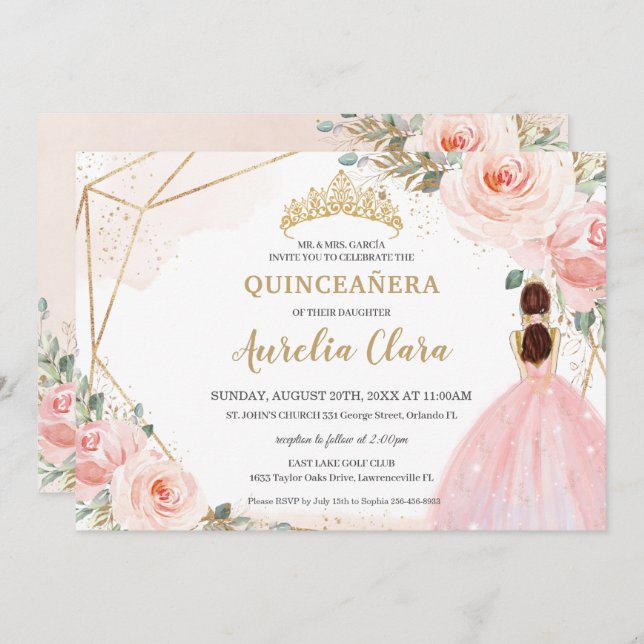 Convite Quic Quinceañera Blush Floral Rosa Tiara Aniversár (Frente/Verso)