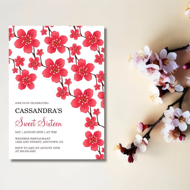 Convite Quic Red Cherry Blossom Floral Botânica Aniversári (Criador carregado)