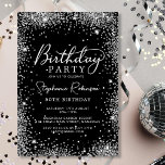 Convite Quic Script Silver Glitter Black 50th Birthday<br><div class="desc">Celebre com elegância este 50º Convite de Aniversário, Glitter Negro e Silver. Uma cintilação brilhante de prata e fundo preto tornam esta design realmente atordoante, enquanto a caligrafia cômica adiciona um toque feminino. Perfeito para aniversários de marco como um 30 40º 60º 70 e facilmente personalizável para qualquer idade. Procure...</div>