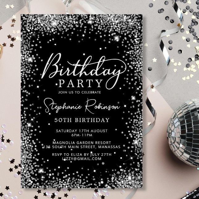 Convite Quic Script Silver Glitter Black 50th Birthday (Criador carregado)