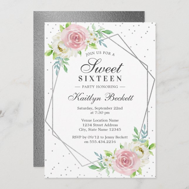 Convite Quic Silver Foil Floral Sweet 16 Aniversário (Frente/Verso)