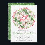 Convite Quic Winter Watercolor Wreath Holiday Luncheon<br><div class="desc">Uma poinsettia branca chica e a coroa de morango vermelha é o topo deste convite de férias. A caligrafia lhe dá um humor festivo.</div>