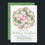 Convite Quic Winter Watercolor Wreath Holiday Luncheon<br><div class="desc">Uma poinsettia branca chica e a coroa de morango vermelha é o topo deste convite de férias. A caligrafia lhe dá um humor festivo.</div>